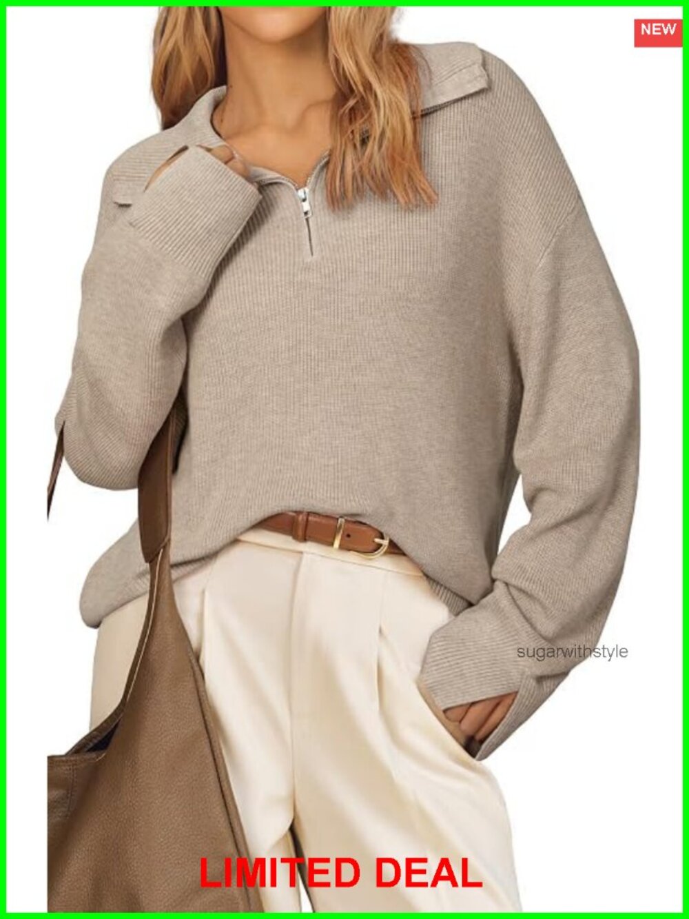 Wool Blend Oversized Quarter Zip Sweater - Fall Casual Pullover
